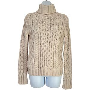 J. Crew Hand Knit Cream Cable Knit Wool Turtleneck Sweater Size S Fisherman